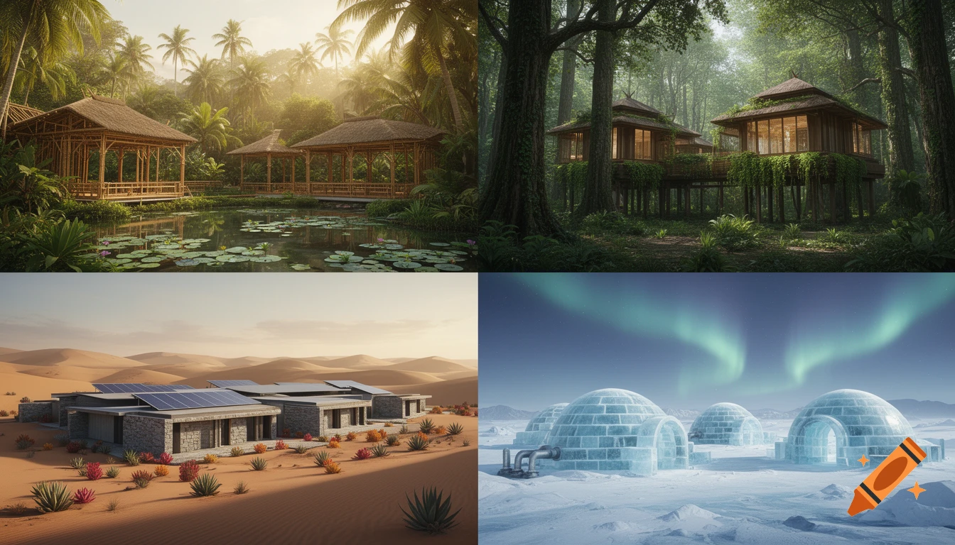 A quadtych of eco-friendly architecture: tropical bamboo huts, forest stilt houses, desert homes with solar panels, and ice igloos under an aurora.