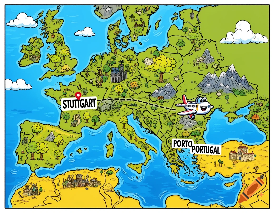 A colorful cartoon map of Europe shows an airplane flying from Stuttgart, Germany, to Porto, Portugal, connected by a dashed line.