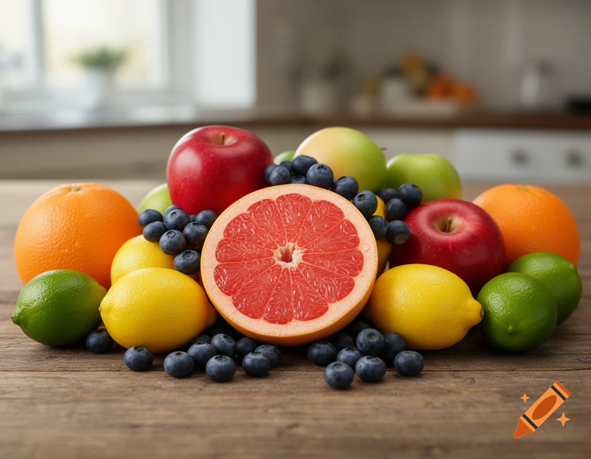 A photorealistic still life of vibrant fresh fruits: sliced grapefruit, oranges, red apples, green apples, lemons, limes, and blueberries on a wooden table.
