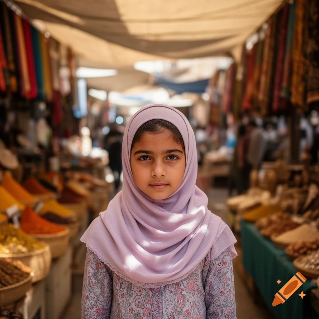 A young girl with dark eyes and a light purple headscarf looks directly at the camera in a bustling market, spices and fabrics visible.