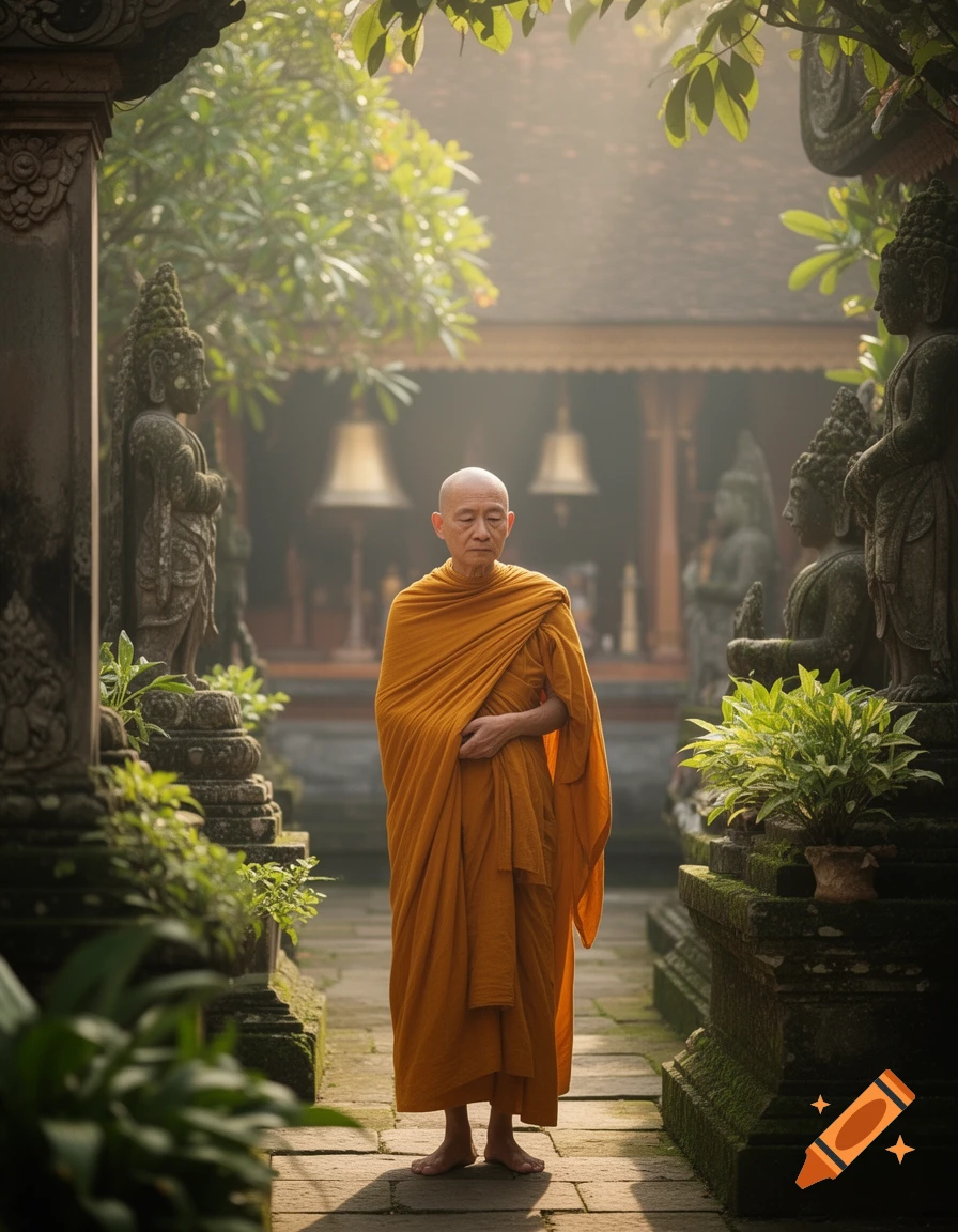 A bald monk in an orange robe stands with closed eyes amidst temple statues and lush plants in soft sunlight.