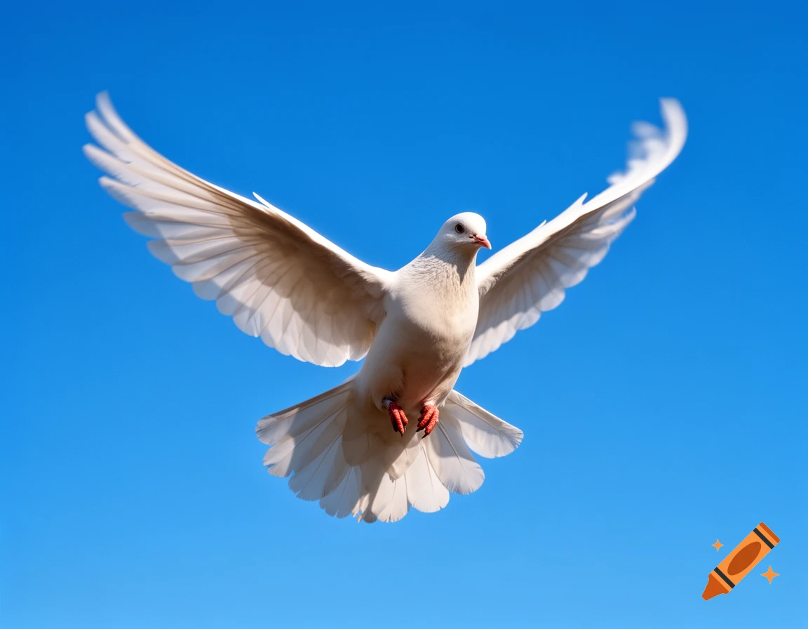 A white dove with outstretched wings flies against a clear blue sky in a photorealistic style.