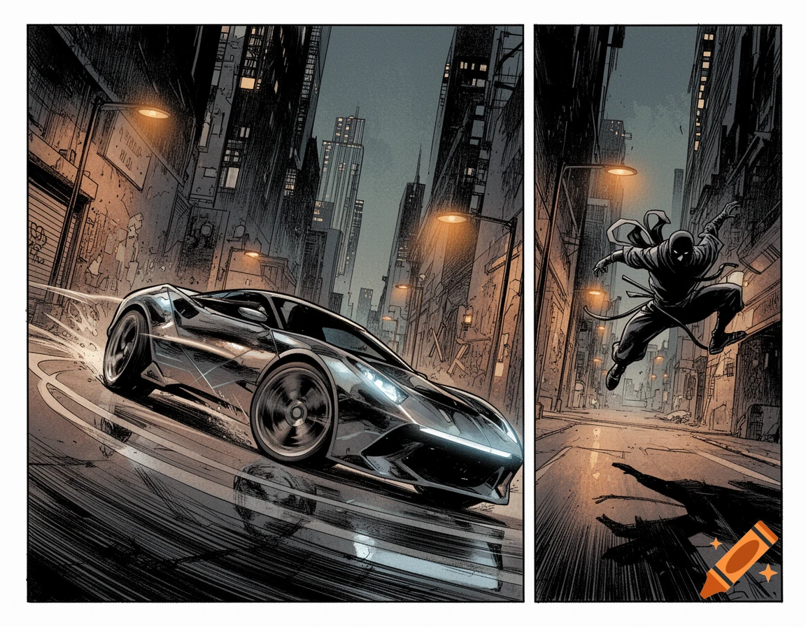 A comic book style illustration shows a sleek black sports car speeding through a city street and a ninja leaping in an alley.