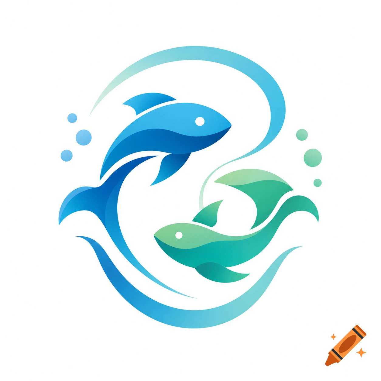 Abstract logo featuring a blue and a green stylized fish swimming in a circular wave pattern with bubbles.