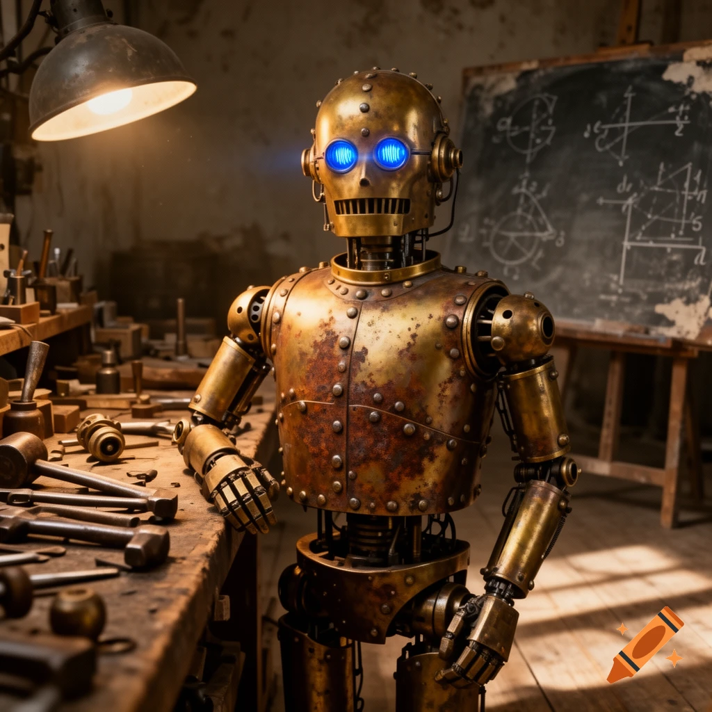 A detailed, rusty brass steampunk robot with glowing blue eyes stands in a cluttered workshop with tools and a blackboard.