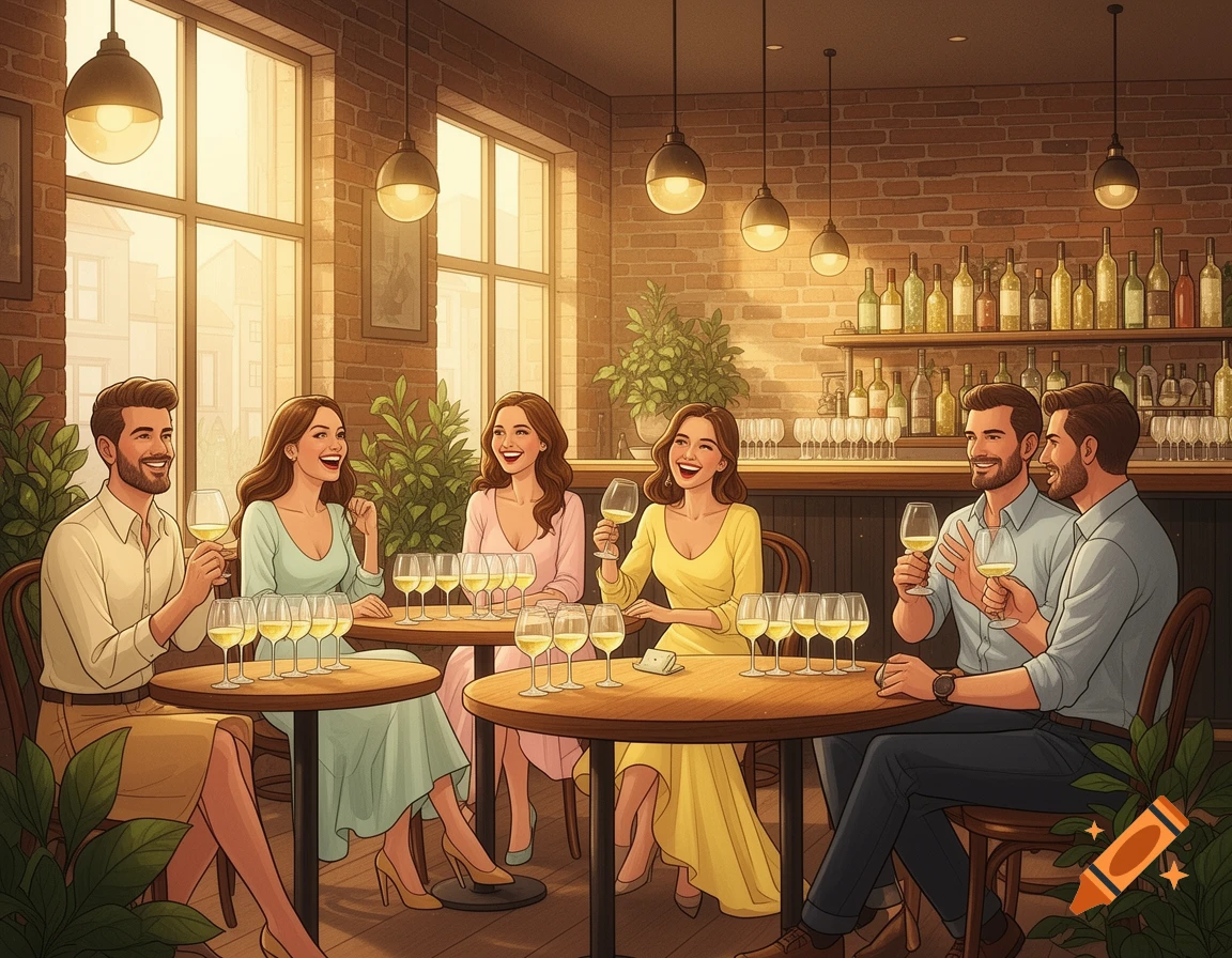 Six smiling adults, three men and three women, enjoy a white wine tasting at a cozy bistro with brick walls and large windows, in an illustration.