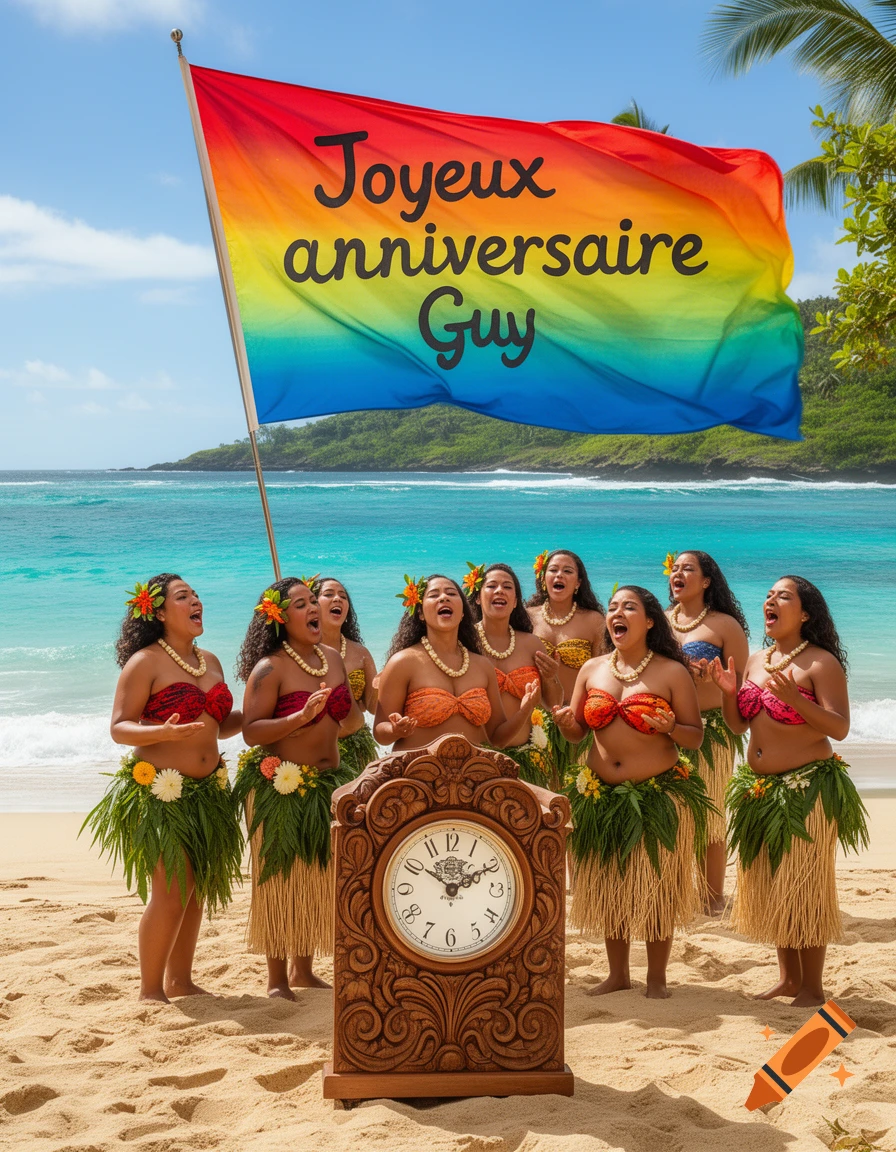 A group of women in hula skirts sing on a tropical beach with a large carved clock and a rainbow flag saying 'Joyeux anniversaire Guy'.