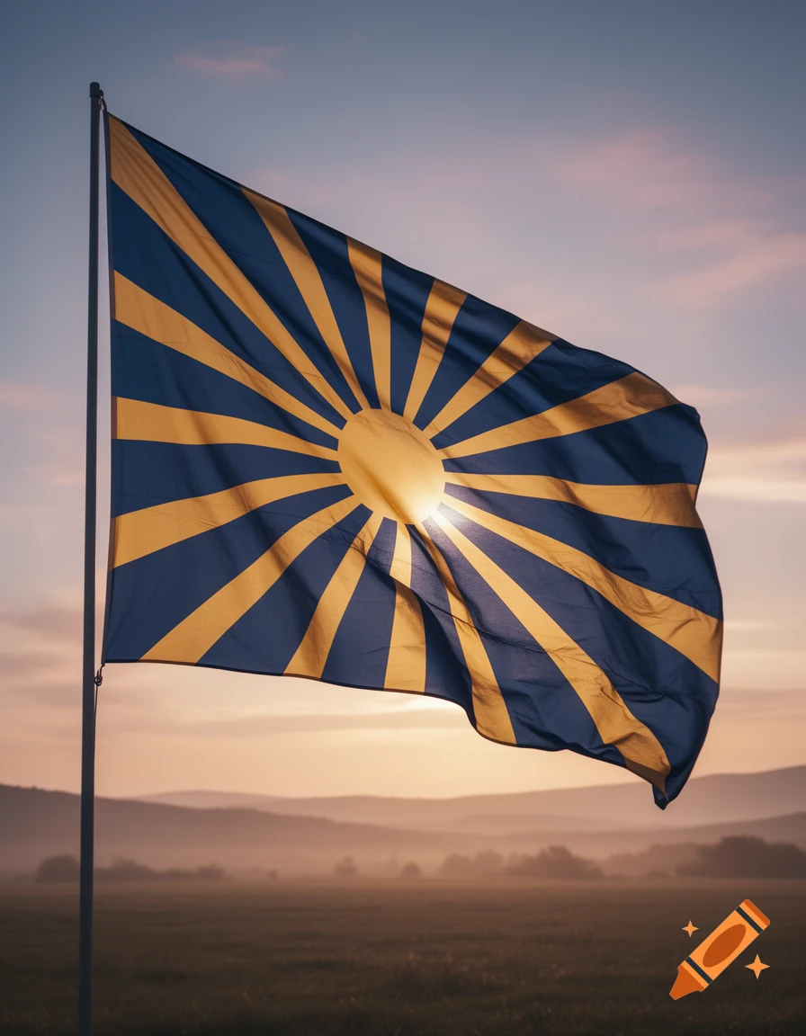 A blue and gold sunburst flag waves against a hazy mountain landscape at sunrise or sunset.