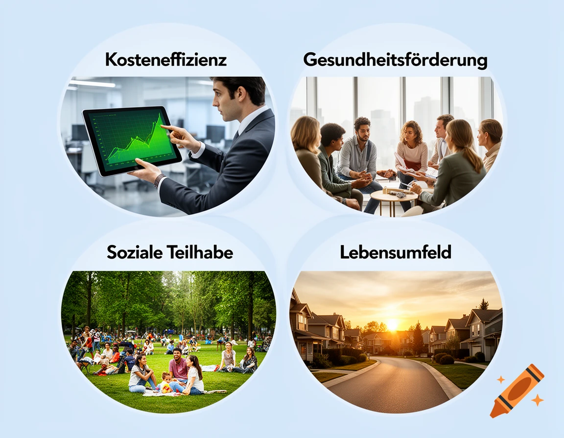 A conceptual diagram with four circular images: a businessman with a graph, people in a discussion, a park gathering, and a suburban street, each labeled in German on a light blue background.
