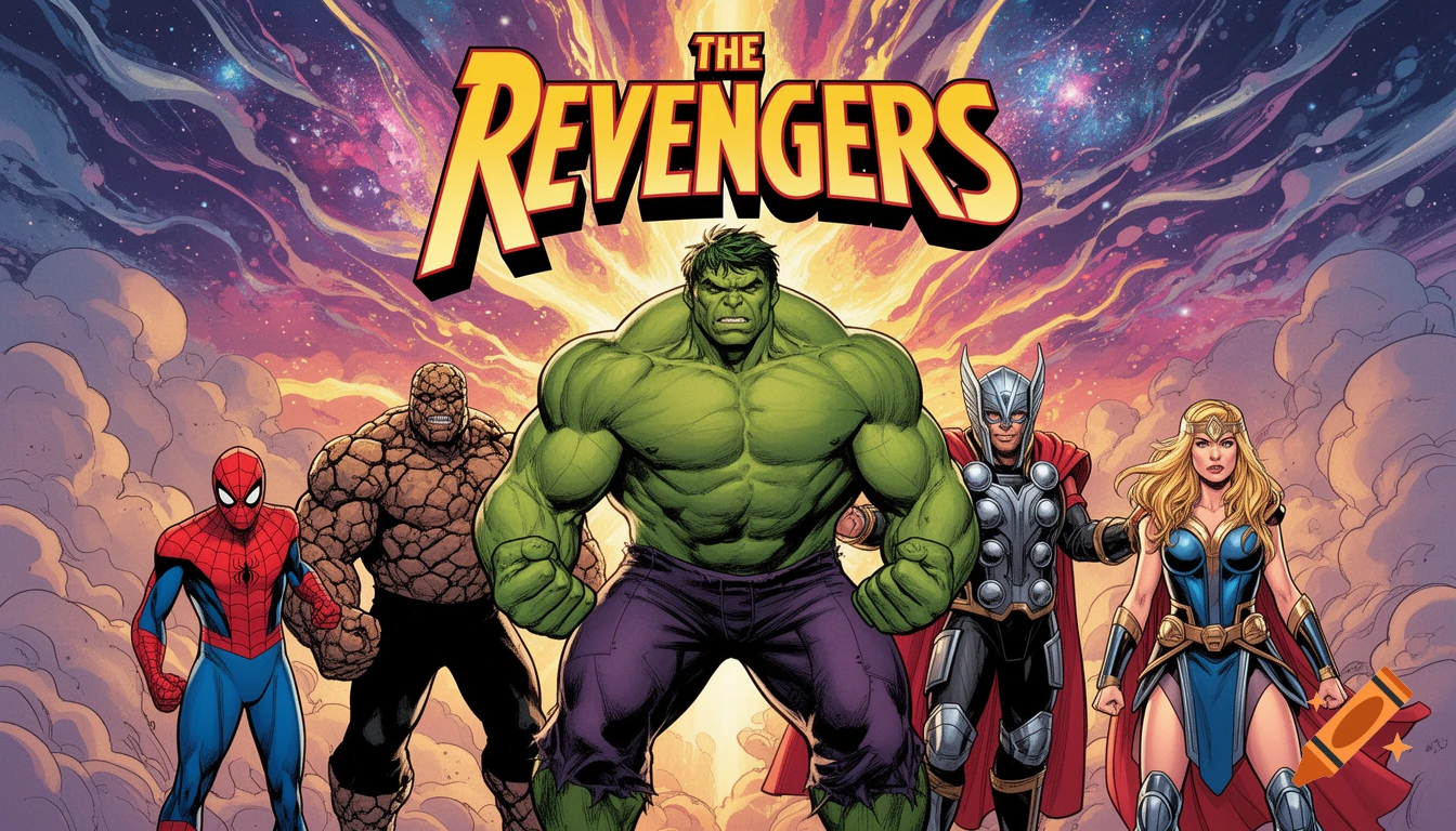 A vibrant comic book illustration featuring Spider-Man, The Thing, Hulk, Thor, and a blonde female superhero, with 'THE REVENGERS' title above.