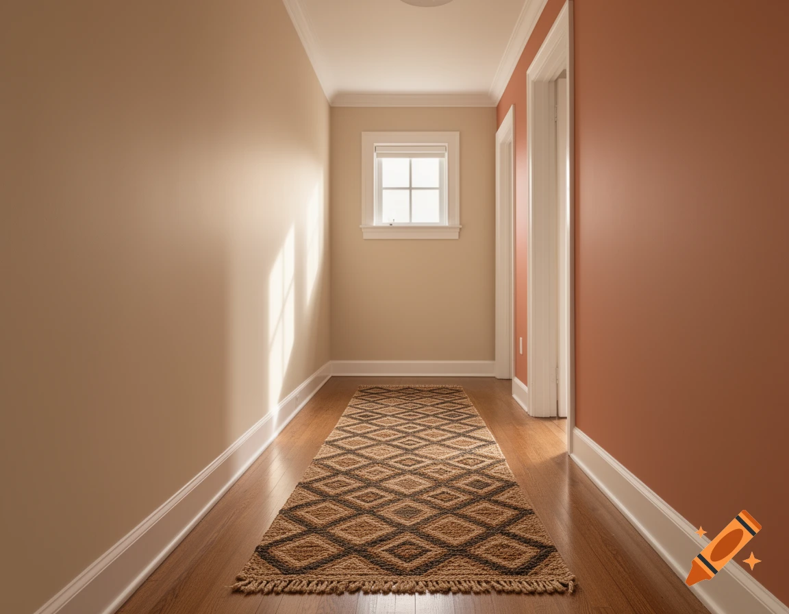 A sunlit hallway with a patterned runner rug on a wooden floor, featuring a beige wall, a window, and a terracotta-colored wall.