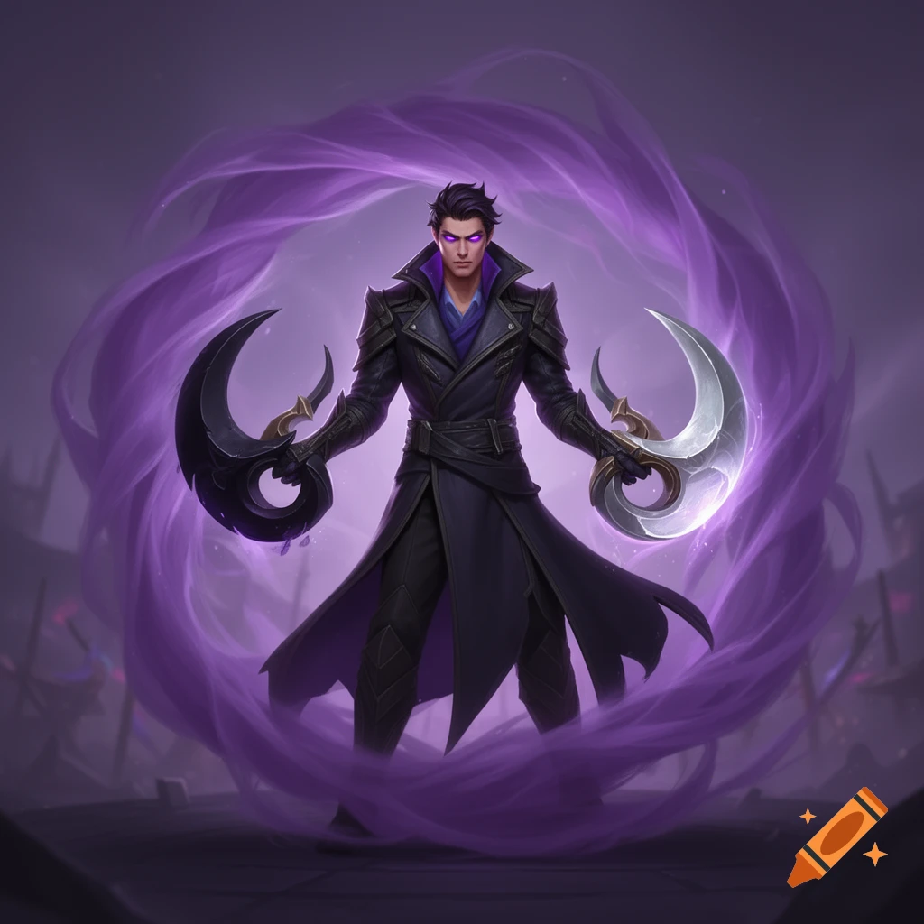 A male character with purple glowing eyes and a dark trench coat holds crescent blades amidst swirling purple energy.