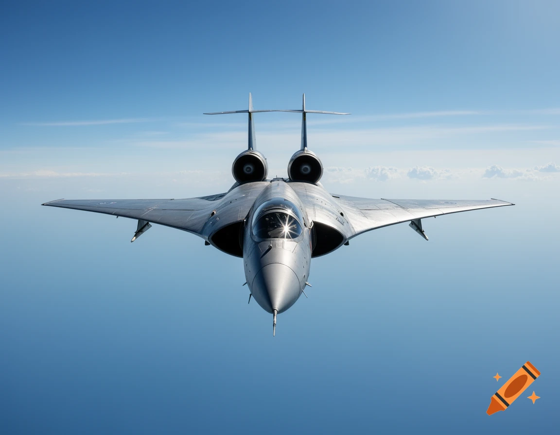 A grey military jet with two engines mounted on top, flying against a clear blue sky.