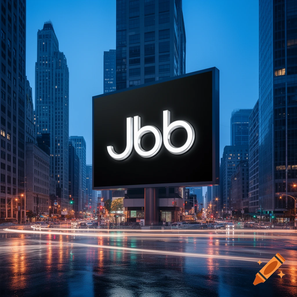 A large billboard with the text 'Jbb' on a black background, standing amidst tall buildings in a bustling city at dusk. Light trails from vehicles reflect on the wet street below.