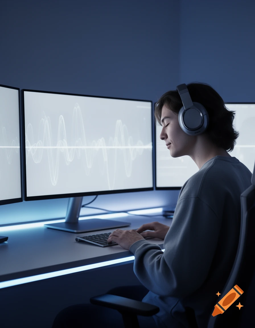 A person with headphones and closed eyes sits at a desk with three monitors showing sound waves in a blue-lit room.