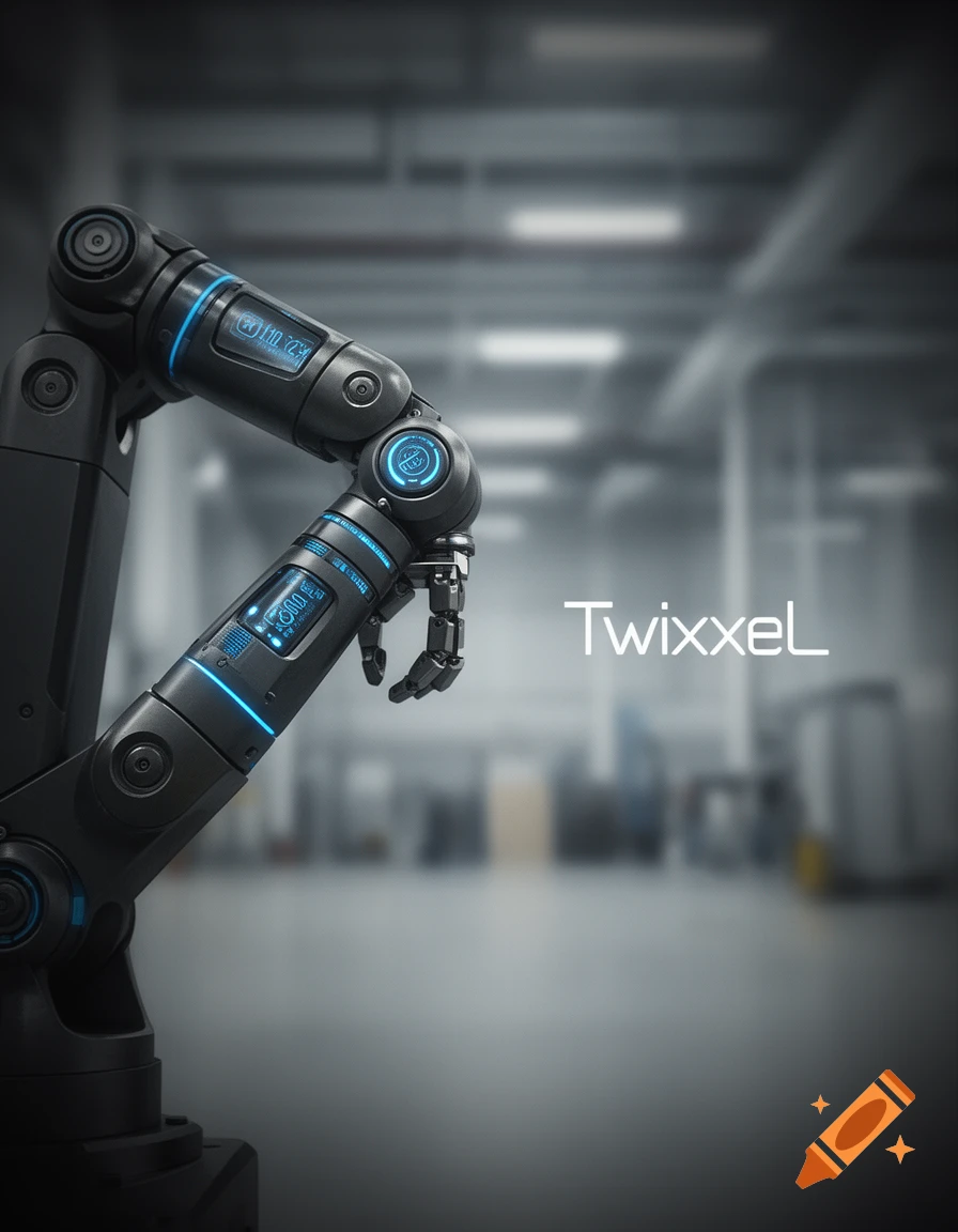 Photorealistic close-up of a black robotic arm with glowing blue screens, in a blurred industrial setting. Text reads 'Twixxel'.