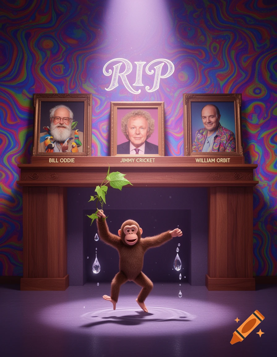 A cartoon monkey dances below three portraits of men (Bill Oddie, Jimmy Cricket, William Orbit) and a 'RIP' sign, set against a psychedelic background.