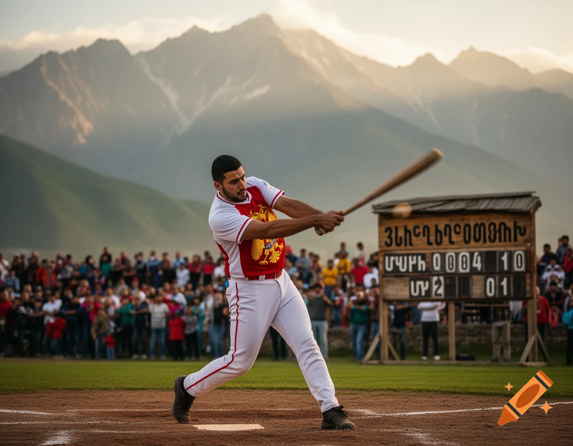 A baseball player in a red and white jersey swings a bat on a field, with a scoreboard and mountains in the background.