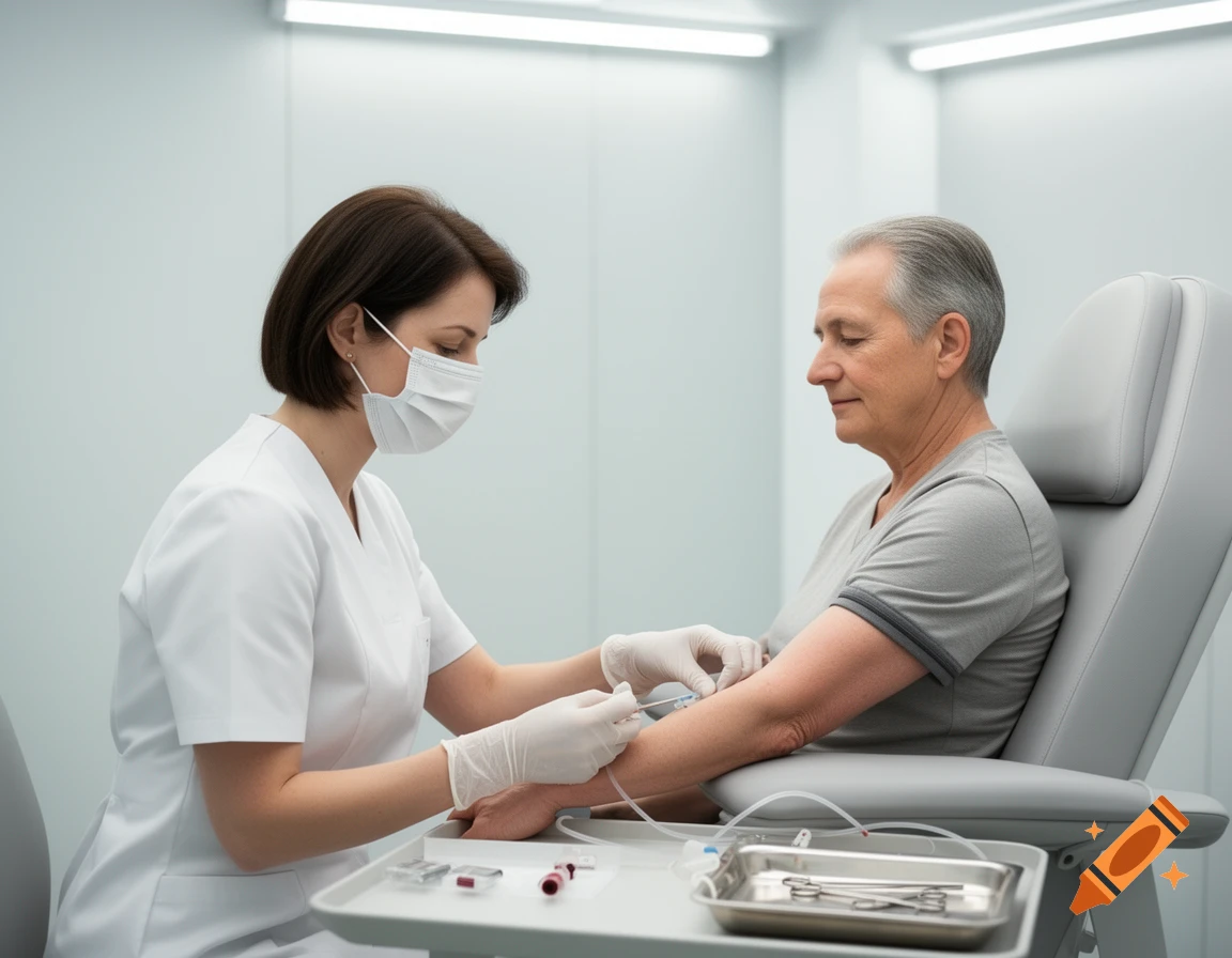 A masked medical professional in a white uniform drawing blood from a senior patient's arm in a bright clinic.