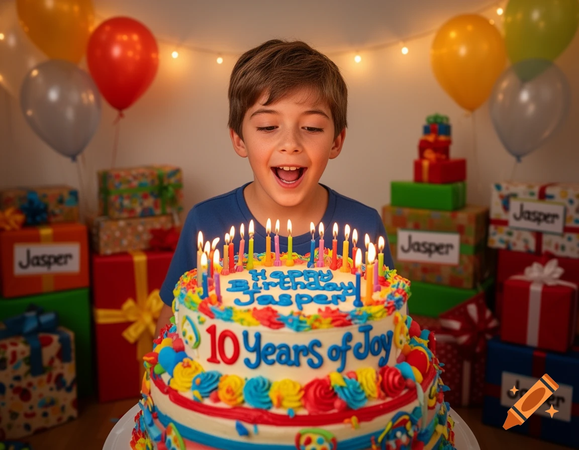 A young boy smiles excitedly at a birthday cake with lit candles and 'Happy Birthday Jasper! 10 Years of Joy' text, surrounded by gifts and balloons.