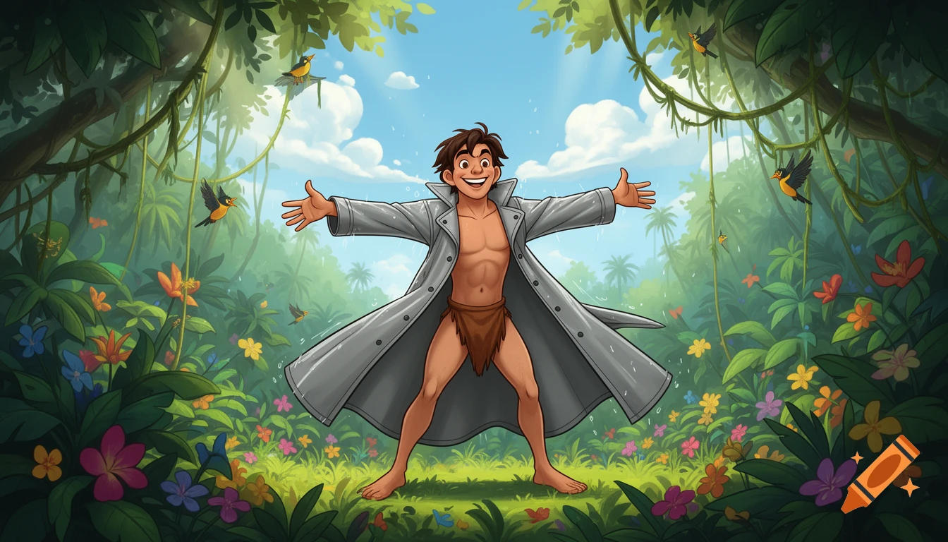 A smiling cartoon Tarzan-like man in a loincloth and open grey raincoat stands with arms spread wide in a lush jungle.