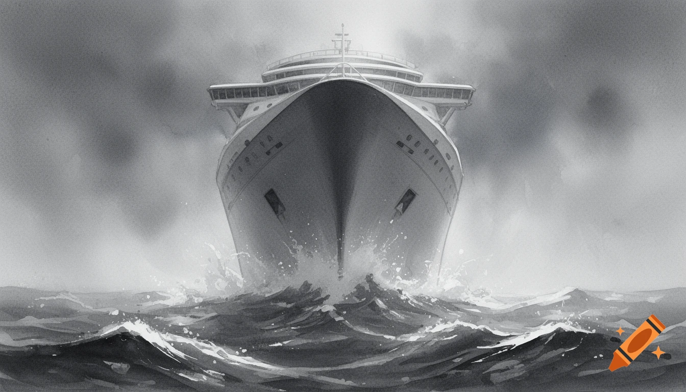 A looming cruise ship emerges from a choppy, stormy sea in a greyscale watercolor painting.