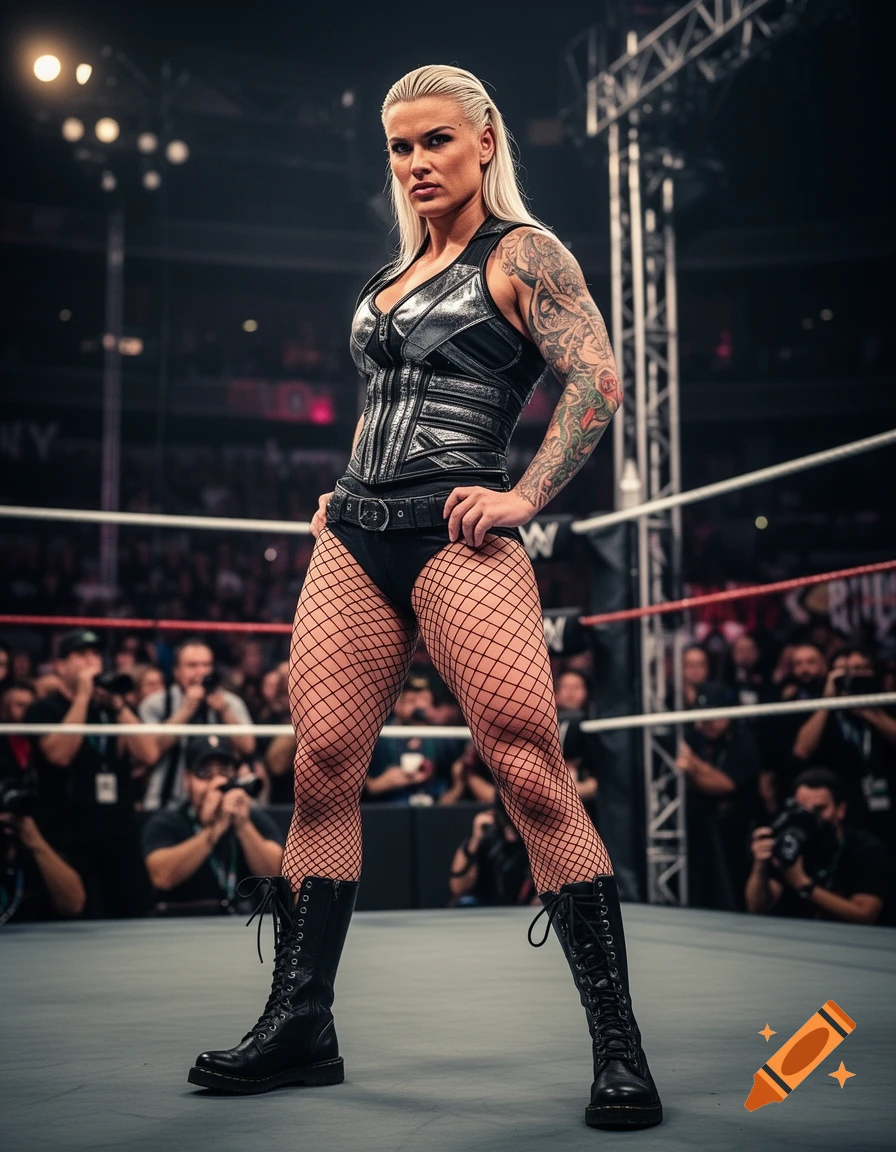 A female wrestler in fishnet stockings, a black and silver outfit, and combat boots poses in a brightly lit wrestling ring.