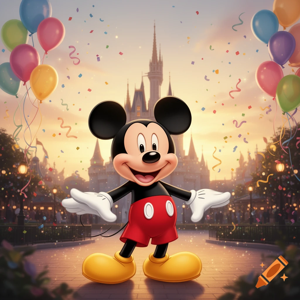 Mickey Mouse stands smiling with outstretched arms in front of a fairytale castle at sunset, surrounded by colorful balloons and confetti.