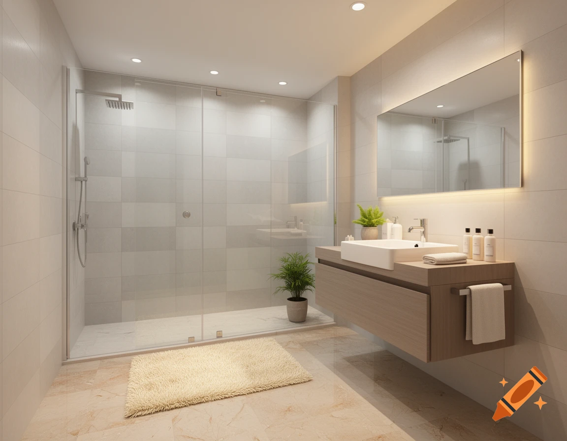 A warm, modern bathroom with a glass shower, a floating wooden vanity, a white sink, and a large illuminated mirror.