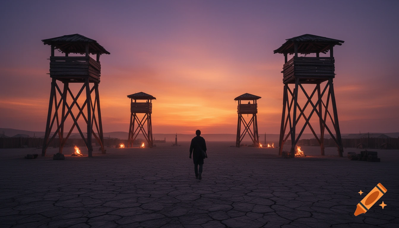 A lone figure walks across a cracked desert towards wooden watchtowers under an orange and purple sunset, with campfires glowing.