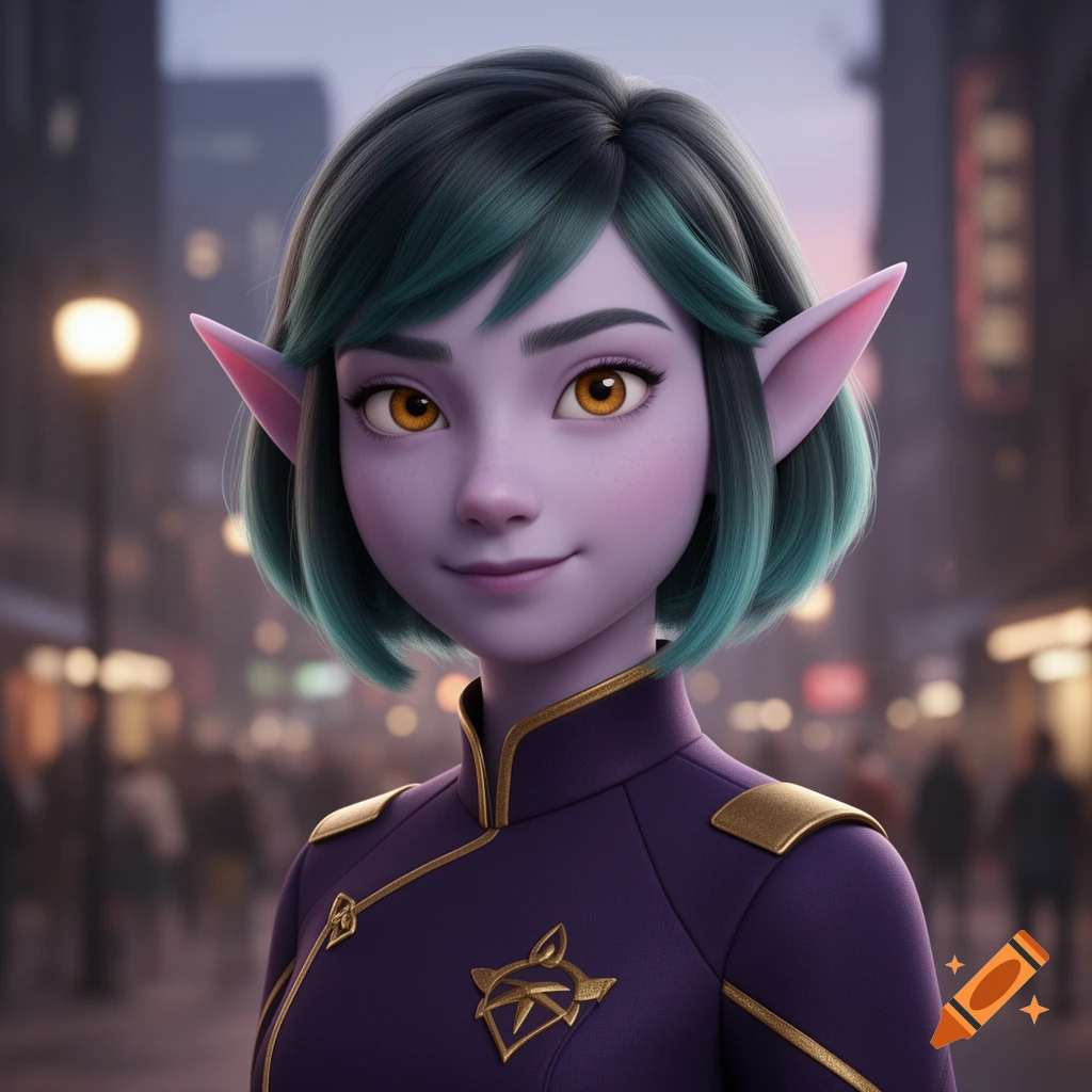 A close-up of an animated character with purple skin, large pointy ears, short teal hair, and gold eyes, wearing a purple uniform with a gold emblem, standing in a blurred city street at dusk.