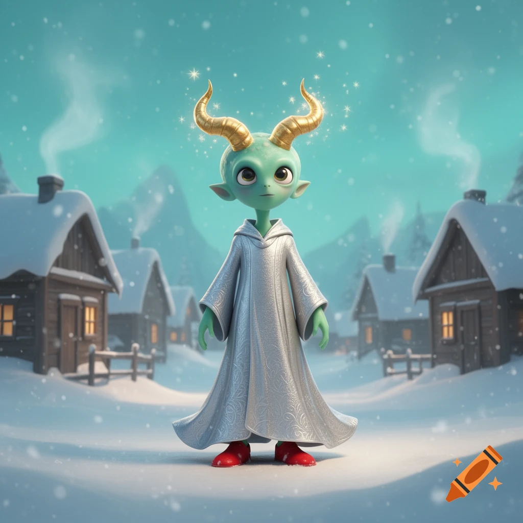 A cute light green alien creature with golden horns, a silver patterned robe, and red boots stands in a snowy cartoon village.