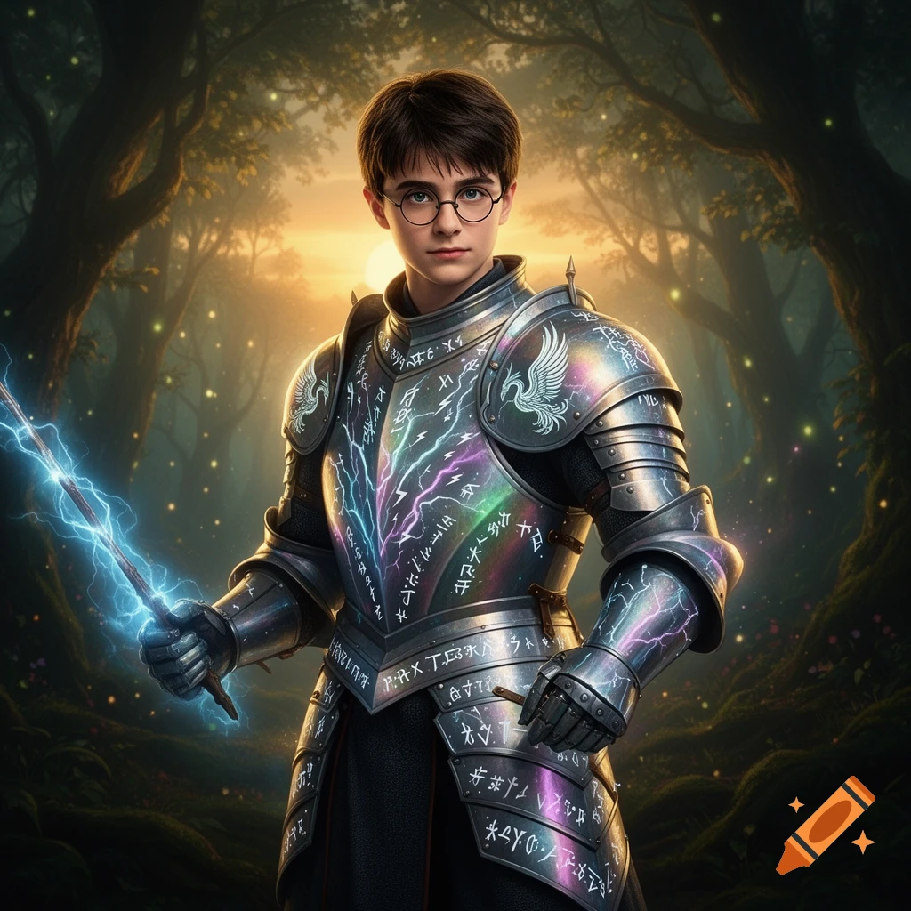 Harry Potter in magical, iridescent knight armor with glowing runes, holding a blue lightning staff in a magical forest at sunset.