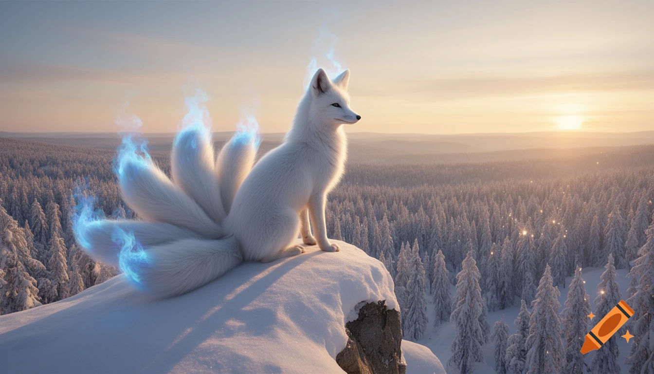 A white nine-tailed fox with blue flames on its tails sits on a snowy mountain overlooking a vast winter forest at sunrise.
