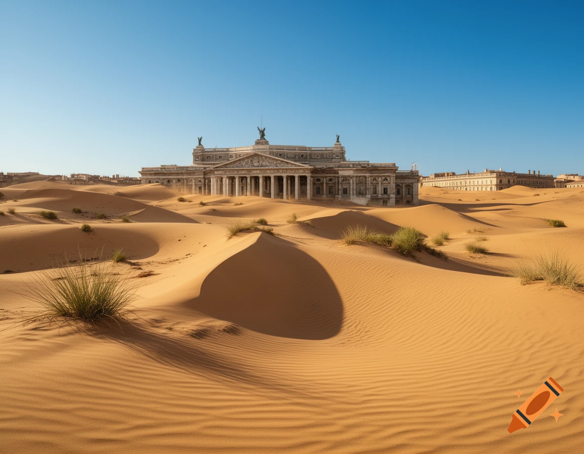 A grand, classical building, reminiscent of the Place du Capitole, stands partially buried in vast sand dunes under a clear blue sky.