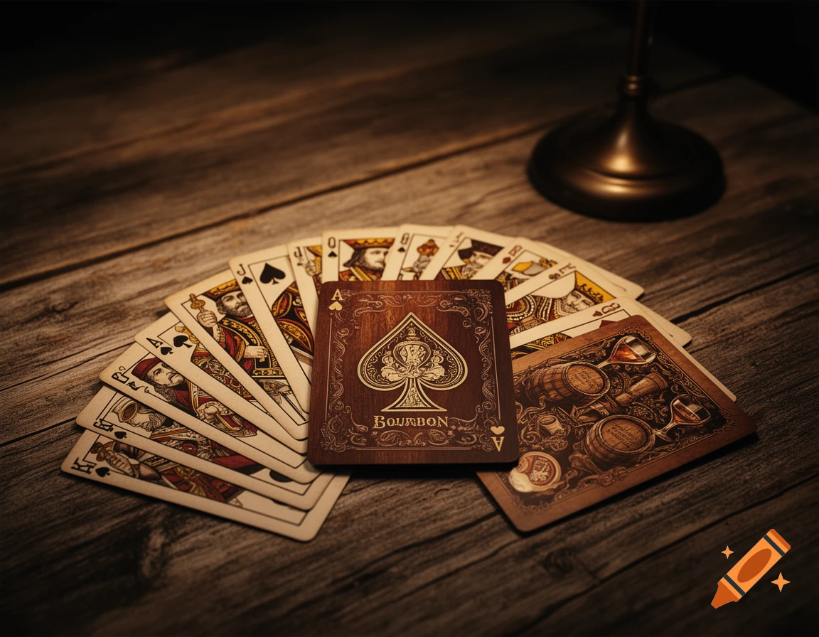 A fan of playing cards, with a Bourbon-branded ace of spades in the center, on a rustic wooden table.
