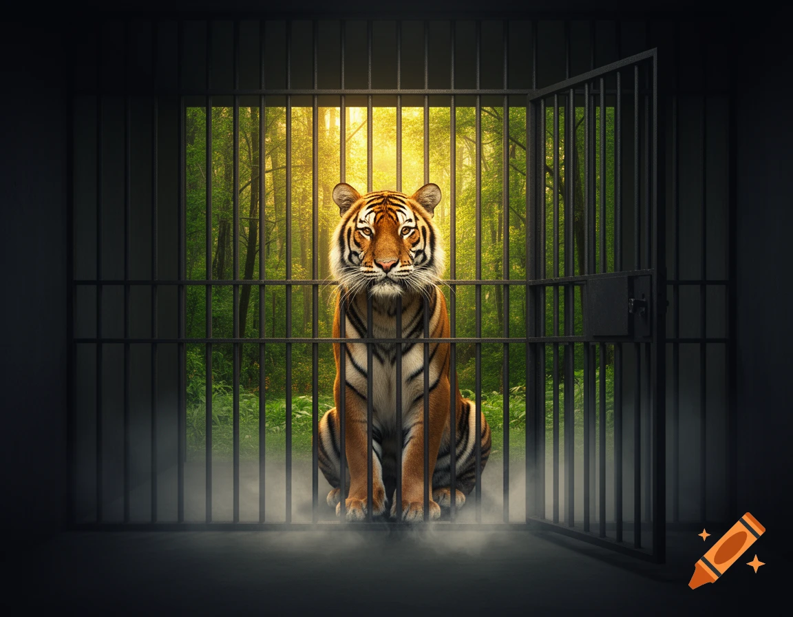A photorealistic tiger sits behind prison bars, one door open to a bright, sun-drenched forest, the cage interior dark and misty.