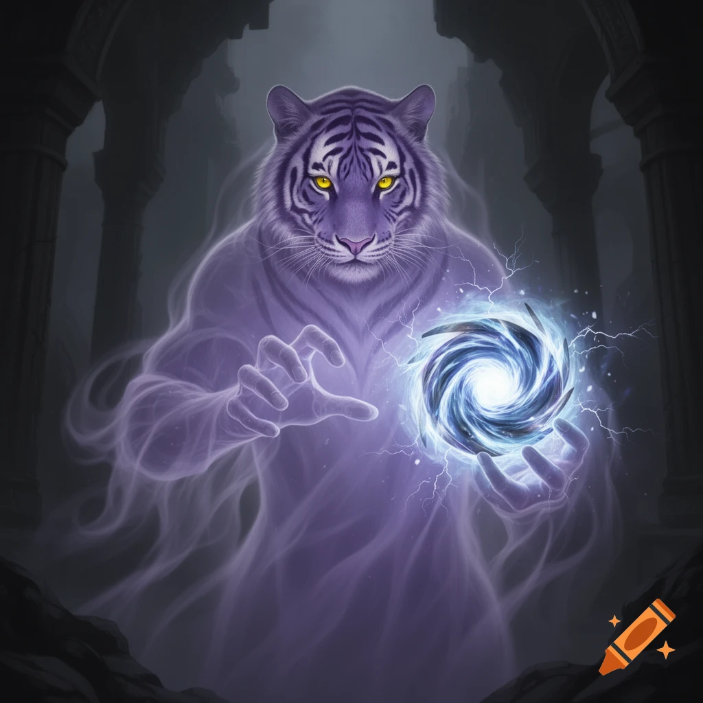 A spectral purple tiger with glowing yellow eyes wields a blue energy vortex, electricity crackling, in a dark temple.