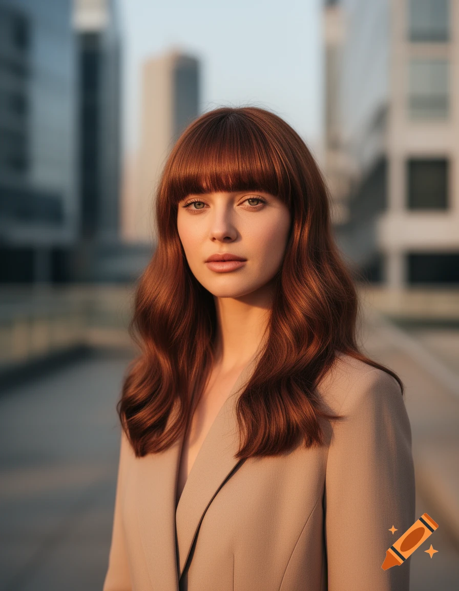 Photorealistic portrait of a woman with reddish-brown hair and bangs wearing a beige blazer, with blurred city buildings in the background.
