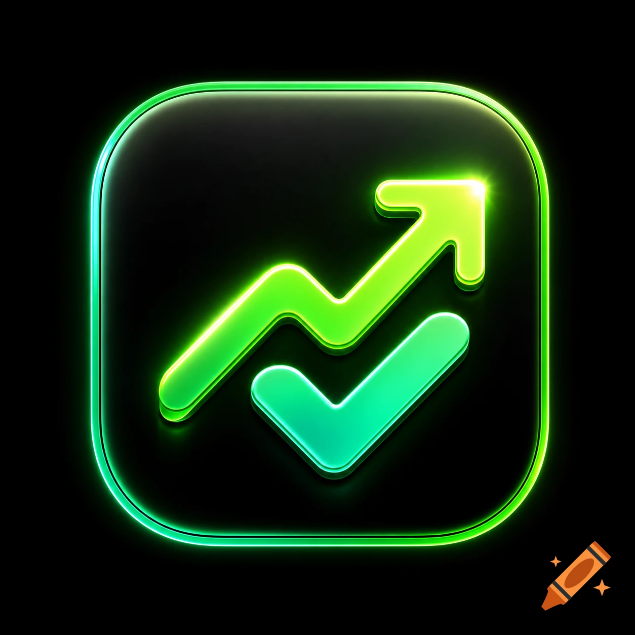 Glowing neon green and lime app icon with an upward-trending chart turning into an arrow and a checkmark on a black background.
