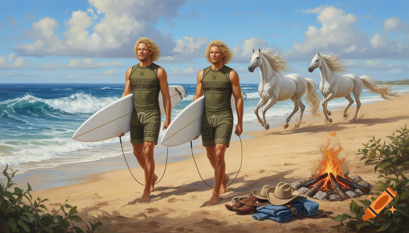 Oil painting of two identical surfers with boards on a sandy beach, with two white horses galloping nearby and a campfire with cowboy hats and clothes.