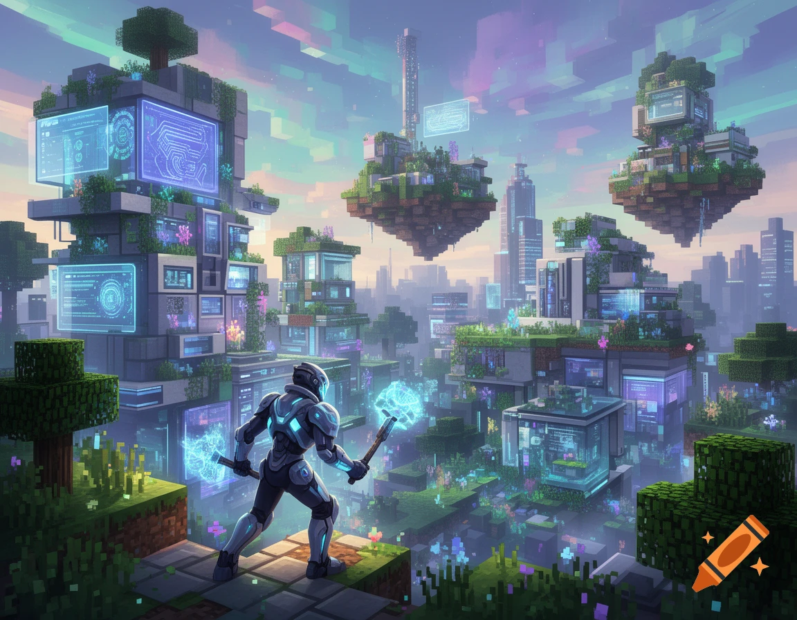 A futuristic Minecraft-style city with floating islands, glowing screens, and a character in power armor holding energy tools.