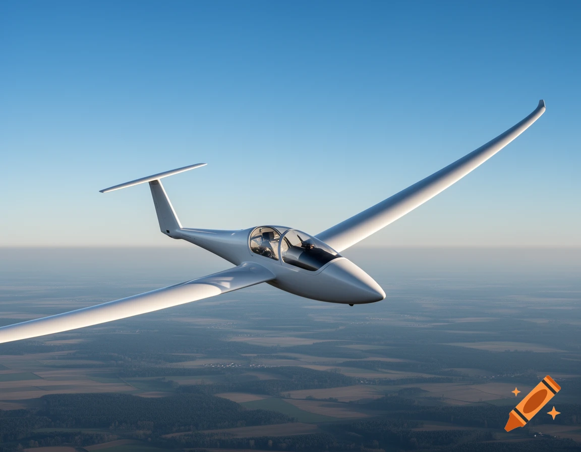 A sleek white glider soars high above a green and brown patchwork landscape under a clear blue sky.