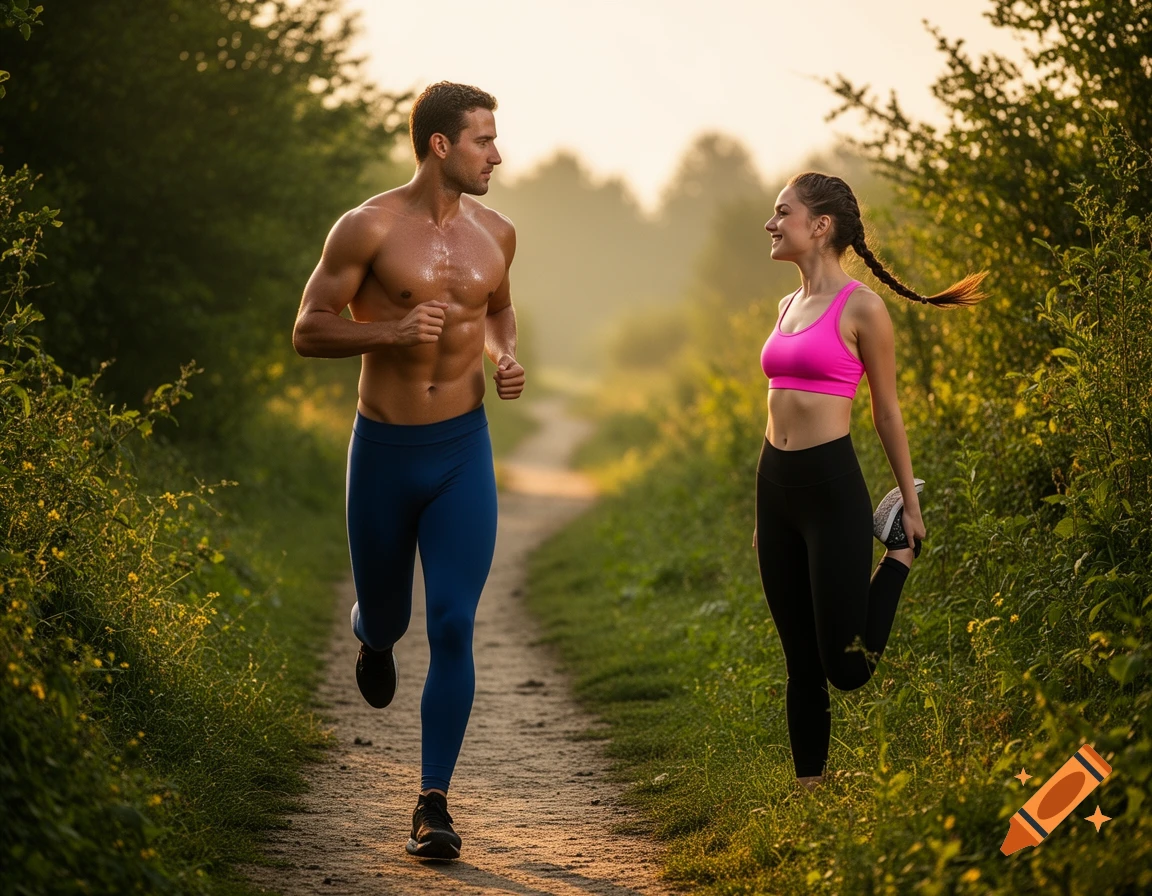A shirtless man jogs past a woman in a pink sports bra stretching on a dirt path through lush greenery.