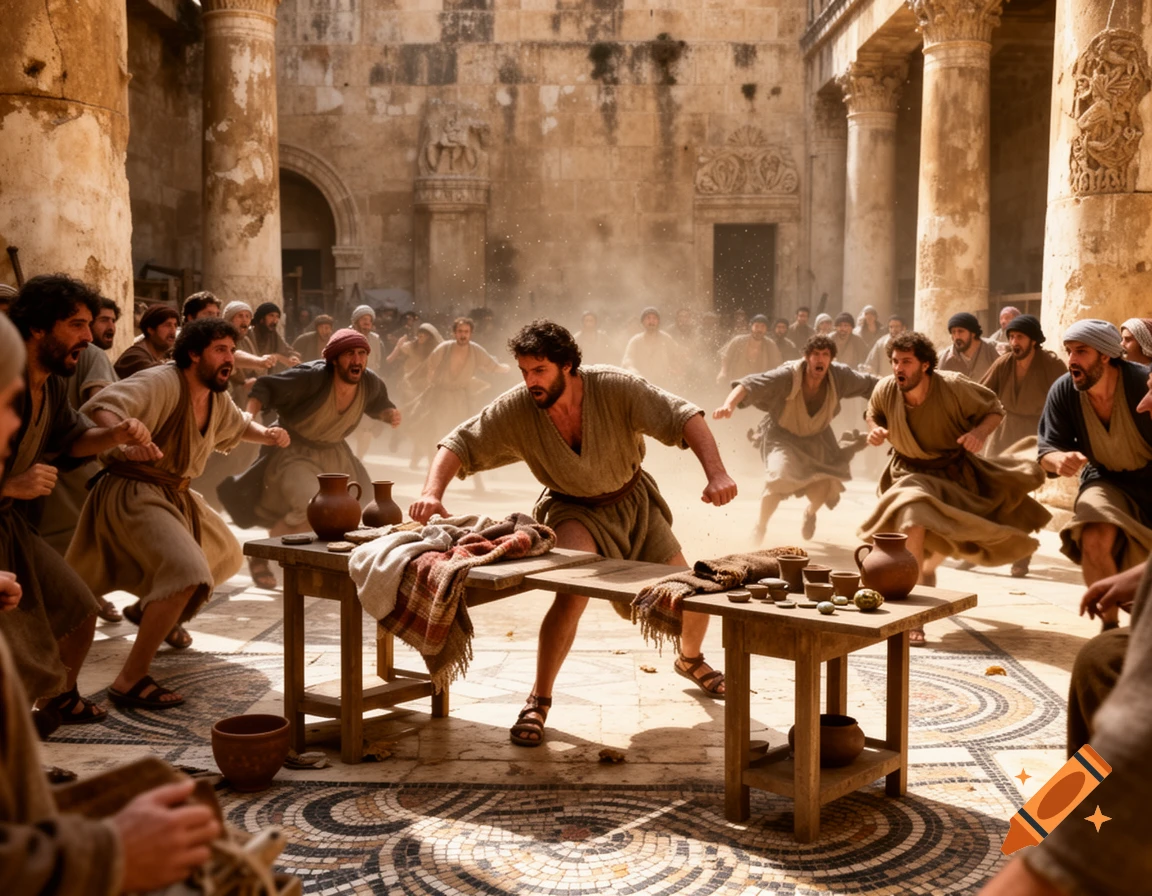 A man in an ancient temple courtyard overturns tables as a crowd of merchants flees in a dramatic, photorealistic scene.