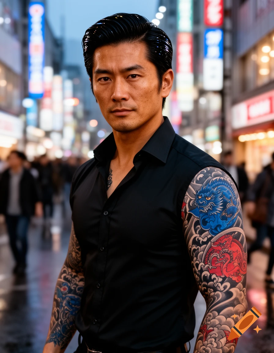 Photorealistic portrait of a charismatic Japanese man with traditional full sleeve tattoos, standing on a rainy city street at night.