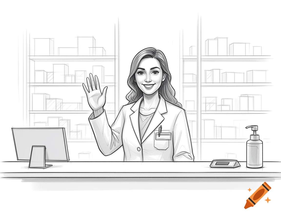 A smiling pharmacist in a white coat waves behind a counter with a computer and hand sanitizer in a black and white sketch.