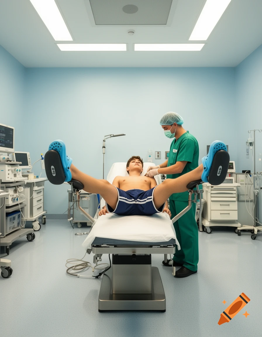 A 17-year-old male lies shirtless in a medical stirrups position on an operating table, wearing blue shorts and blue Crocs. A doctor in green scrubs and mask stands between his legs, attending to him in a brightly lit operating room.