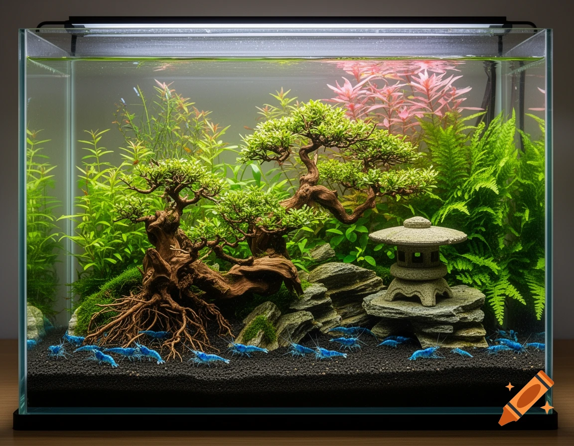A realistic, aquascaped aquarium featuring blue diamond shrimp, a bonsai-like tree, a Japanese stone lantern, and diverse aquatic plants on dark substrate.