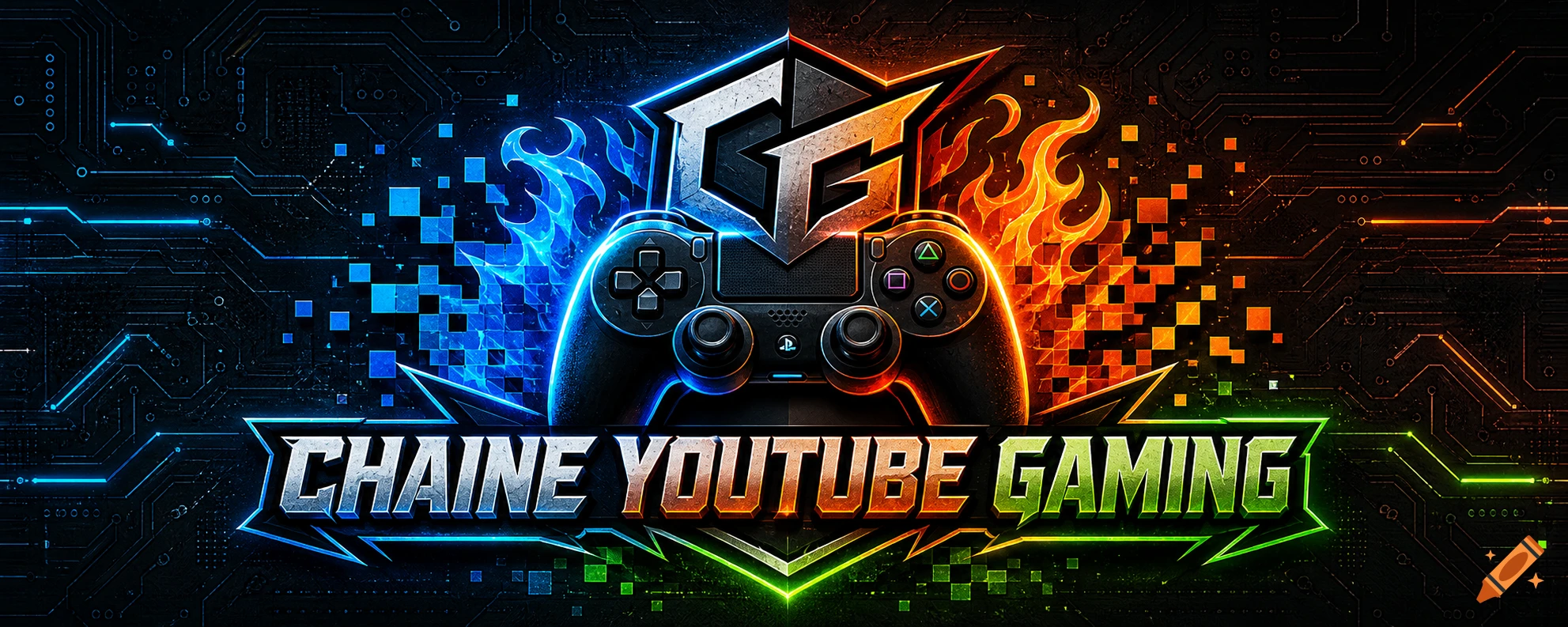 Vibrant gaming YouTube channel logo with a controller, blue ice, orange flames, and circuit board elements.